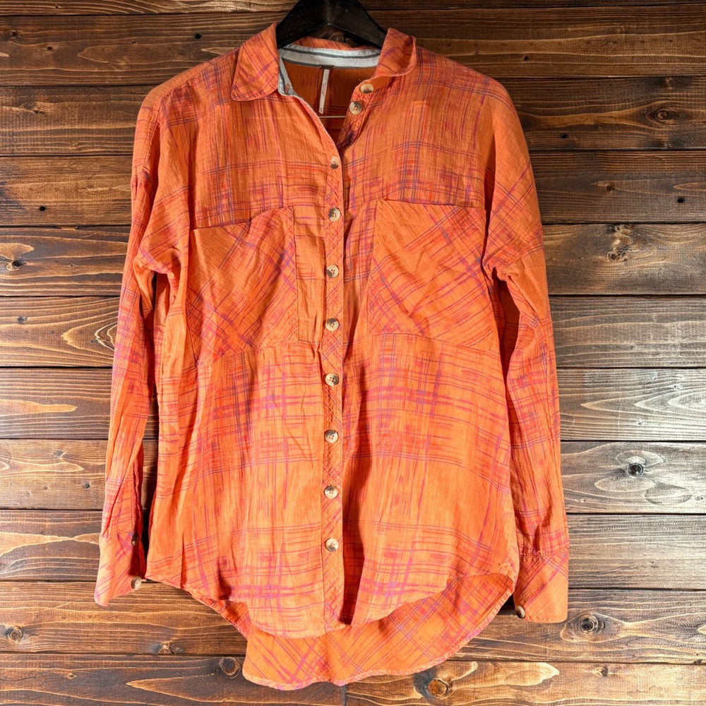 Free People Year Round Orange Plaid Oversized Button Down Shirt M Boho Lagenlook